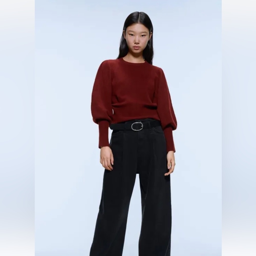 Zara Knit Soft Crew Neck Sweater With Ribbed Trims and puff sleeves, Size L
